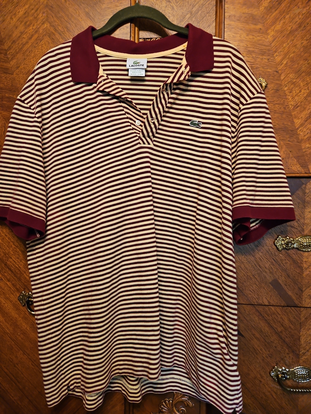 Lacoste Size 7 2XL Made in France Mens Striped Polo in Burgundy and Cream
